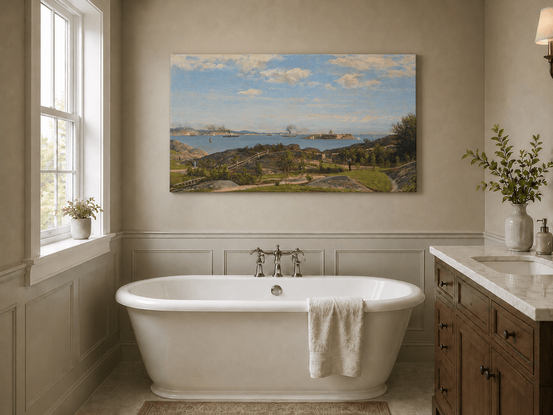 Landscape Oil Painting - Coastal Bay, Ships, Island