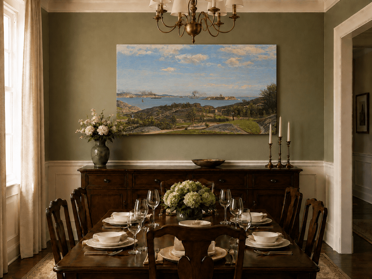 Landscape Oil Painting - Coastal Bay, Ships, Island