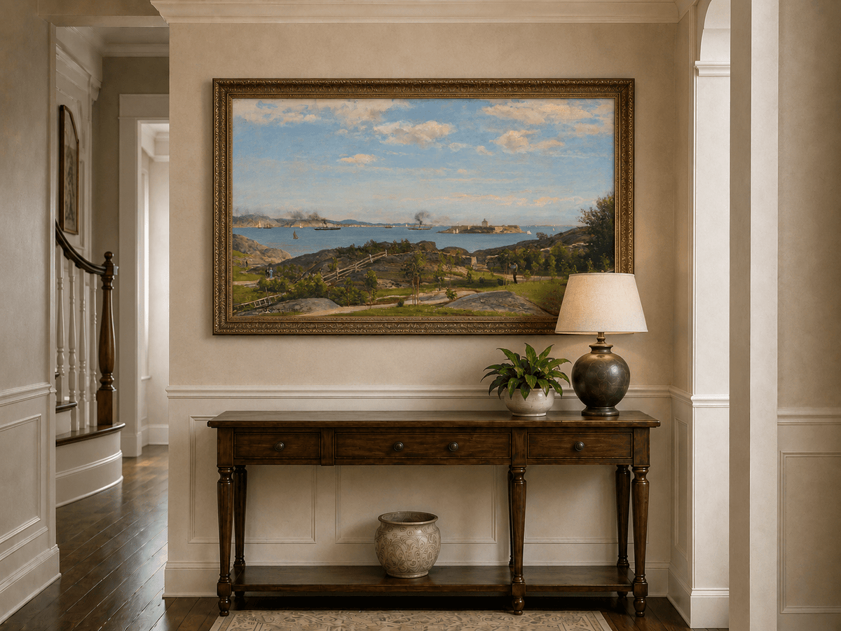 Landscape Oil Painting - Coastal Bay, Ships, Island