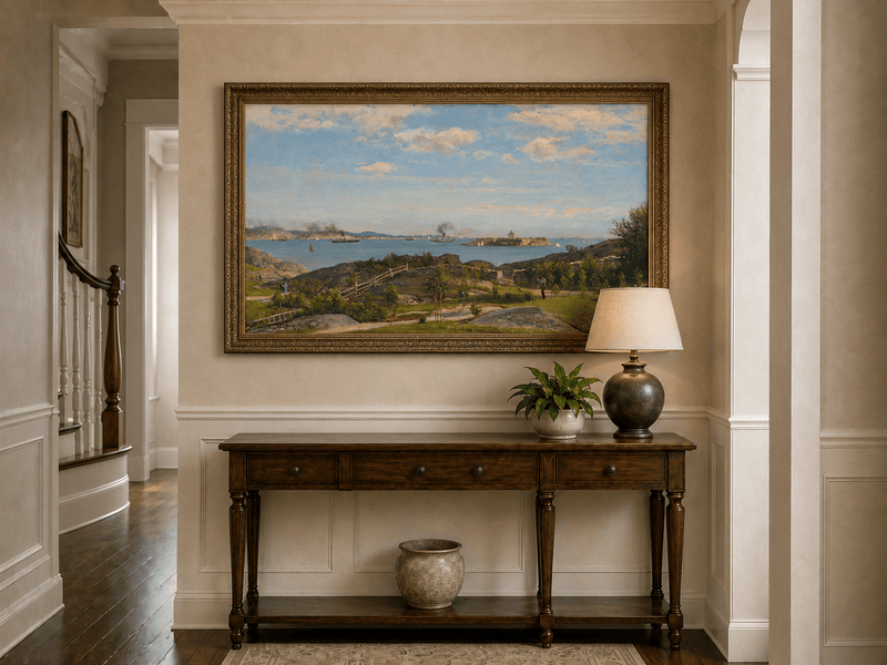 Landscape Oil Painting - Coastal Bay, Ships, Island