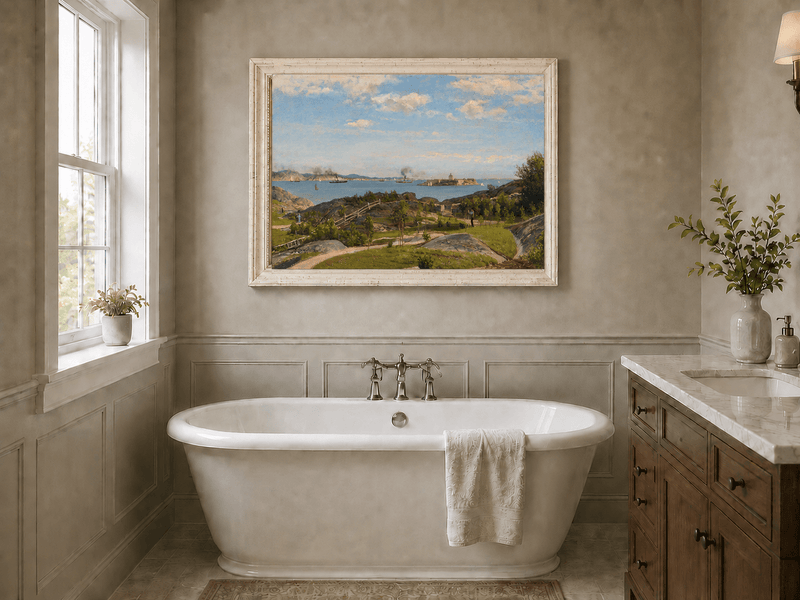 Landscape Oil Painting - Coastal Bay, Ships, Island