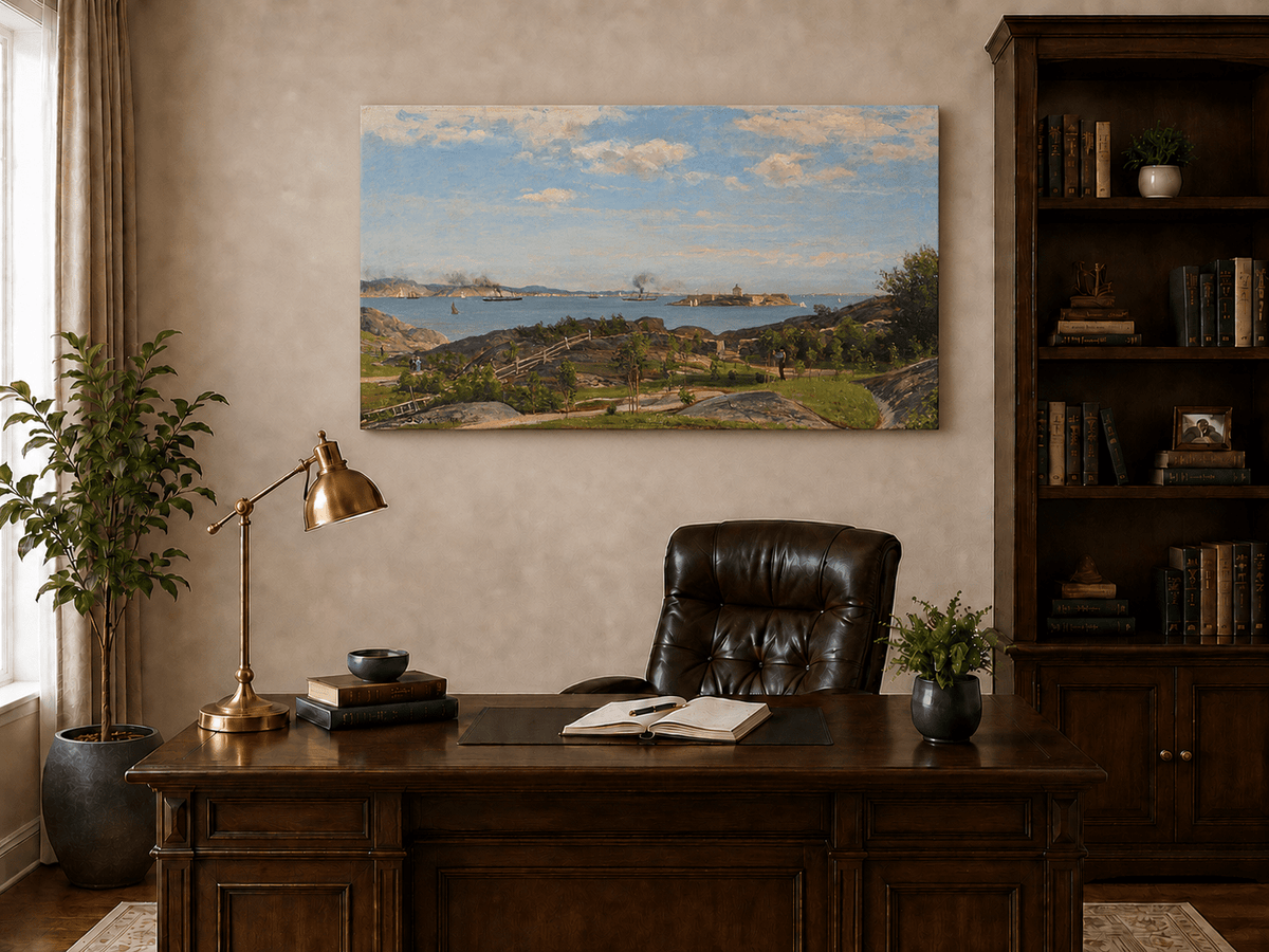 Landscape Oil Painting - Coastal Bay, Ships, Island
