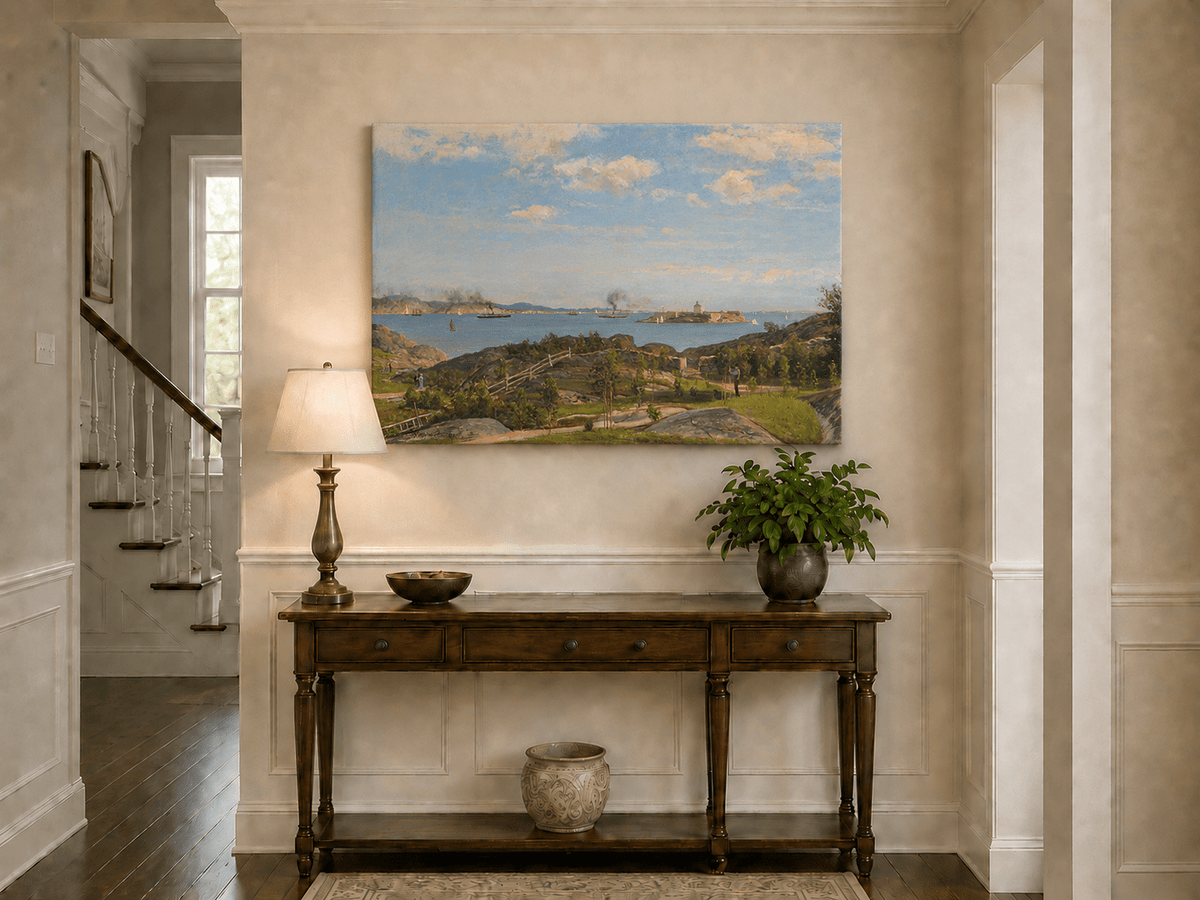 Landscape Oil Painting - Coastal Bay, Ships, Island