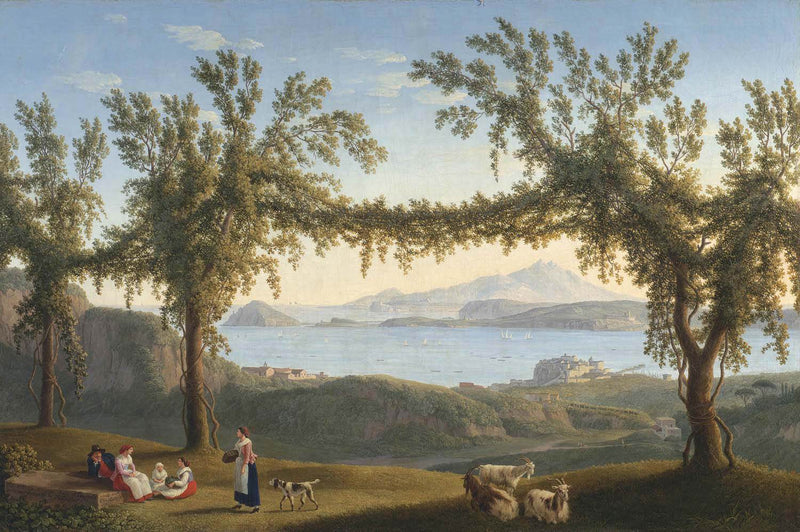 Landscape Oil Painting - coastal bay tree arches resting figures & goats - Oil Painting Haven