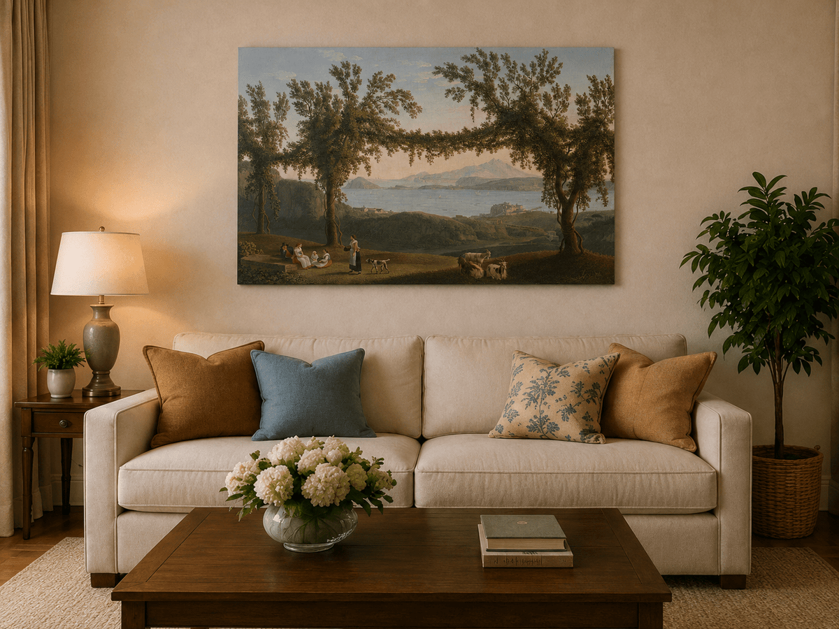 Peinture à l'huile de paysage - Baie côtière, Arches d'arbres, Personnages au repos