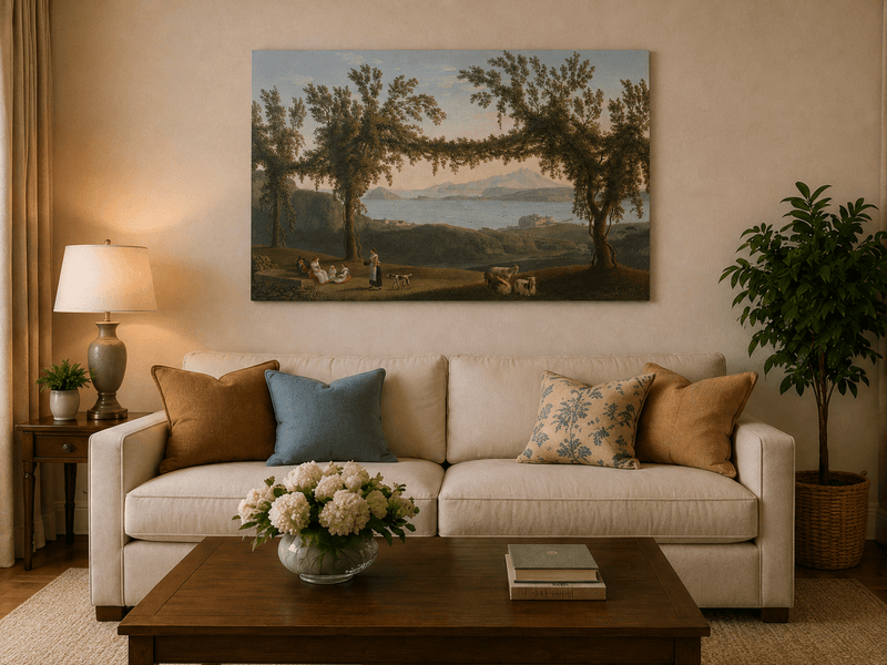 Peinture à l'huile de paysage - Baie côtière, Arches d'arbres, Personnages au repos