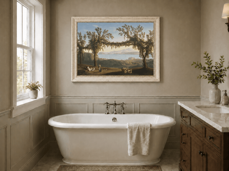 Peinture à l'huile de paysage - Baie côtière, Arches d'arbres, Personnages au repos