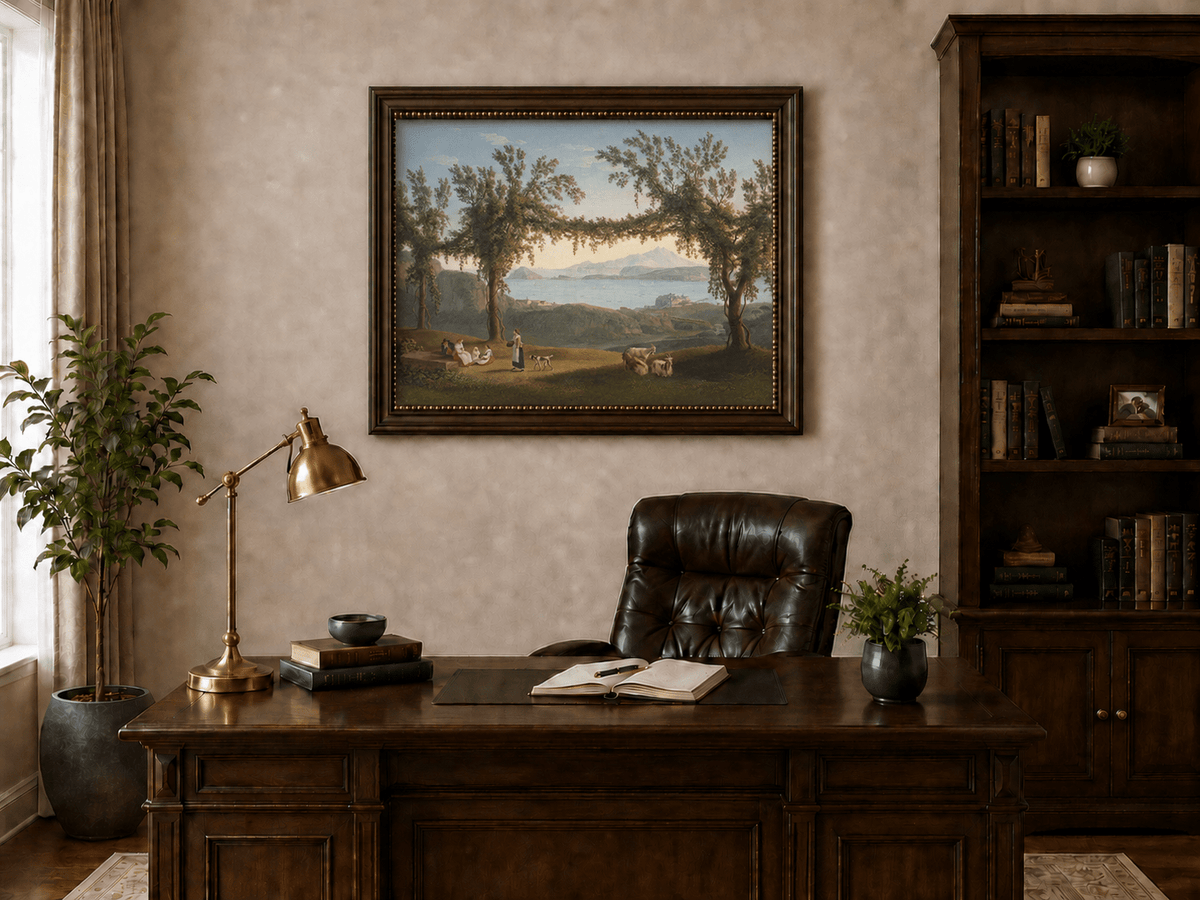 Peinture à l'huile de paysage - Baie côtière, Arches d'arbres, Personnages au repos