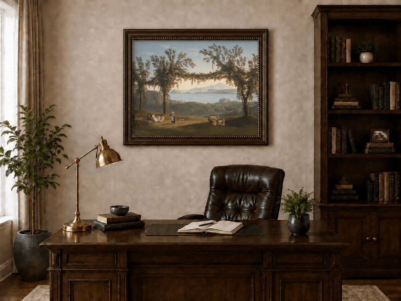 Peinture à l'huile de paysage - Baie côtière, Arches d'arbres, Personnages au repos