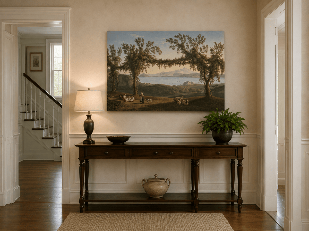 Peinture à l'huile de paysage - Baie côtière, Arches d'arbres, Personnages au repos