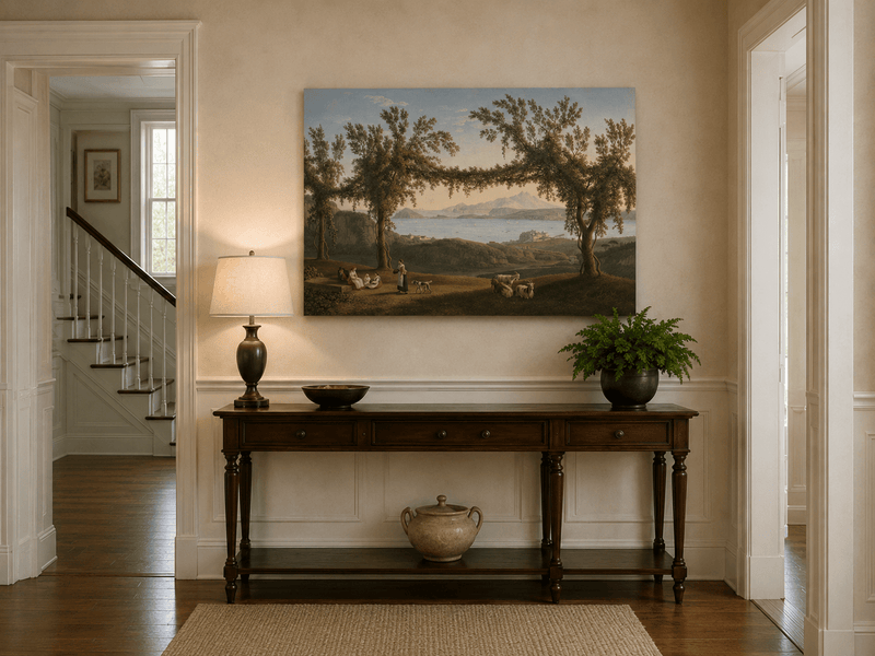 Peinture à l'huile de paysage - Baie côtière, Arches d'arbres, Personnages au repos