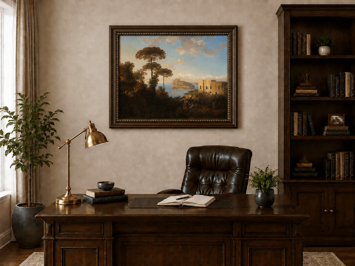 Landscape Oil Painting - Coastal Bay with Pines and Island Castle