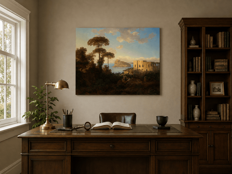 Landscape Oil Painting - Coastal Bay with Pines and Island Castle