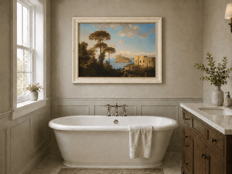 Landscape Oil Painting - Coastal Bay with Pines and Island Castle