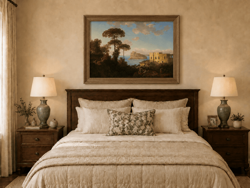 Landscape Oil Painting - Coastal Bay with Pines and Island Castle