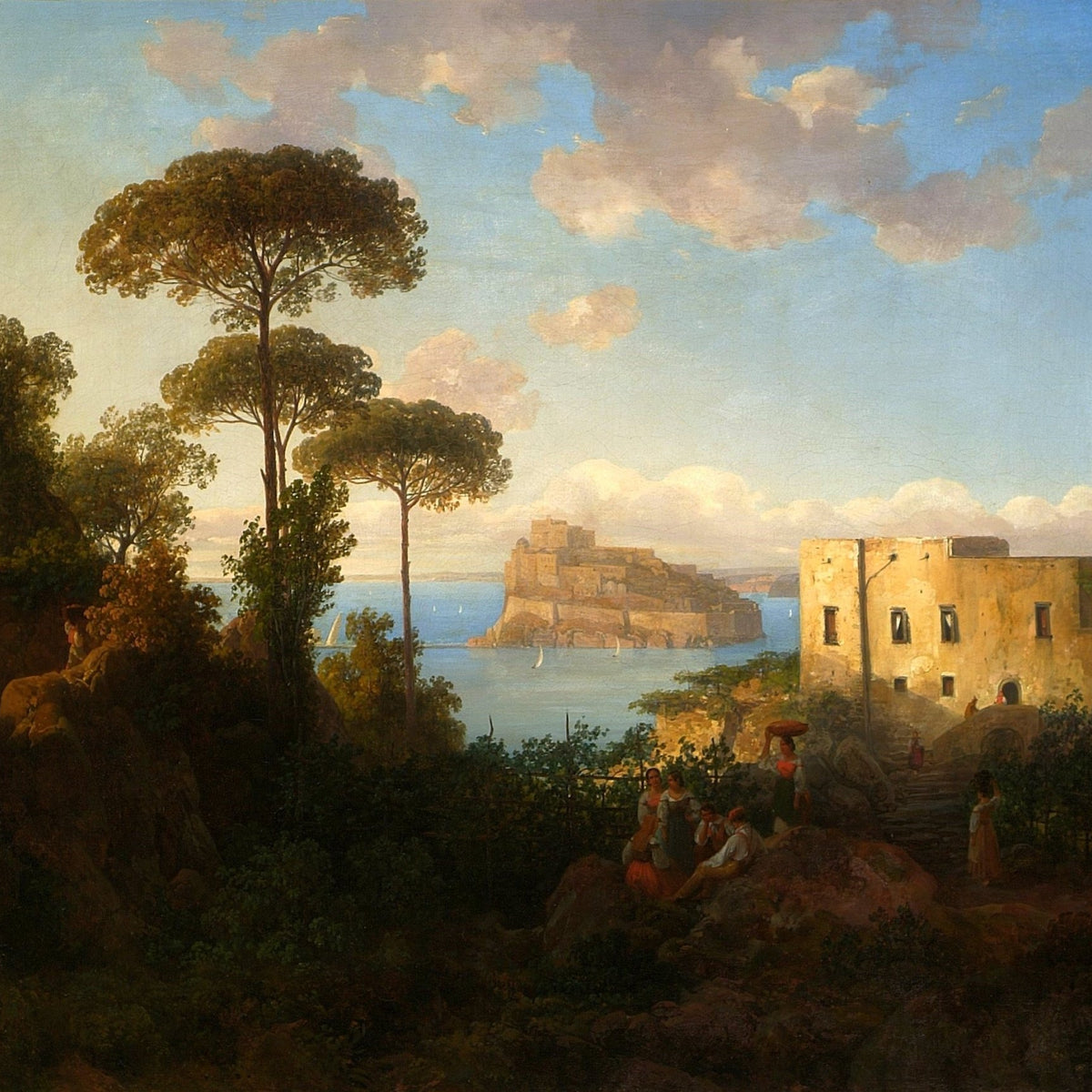 Hand-painted coastal bay with pines and island castle landscape oil painting on canvas