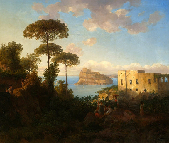 Hand-painted coastal bay with pines and island castle landscape oil painting on canvas