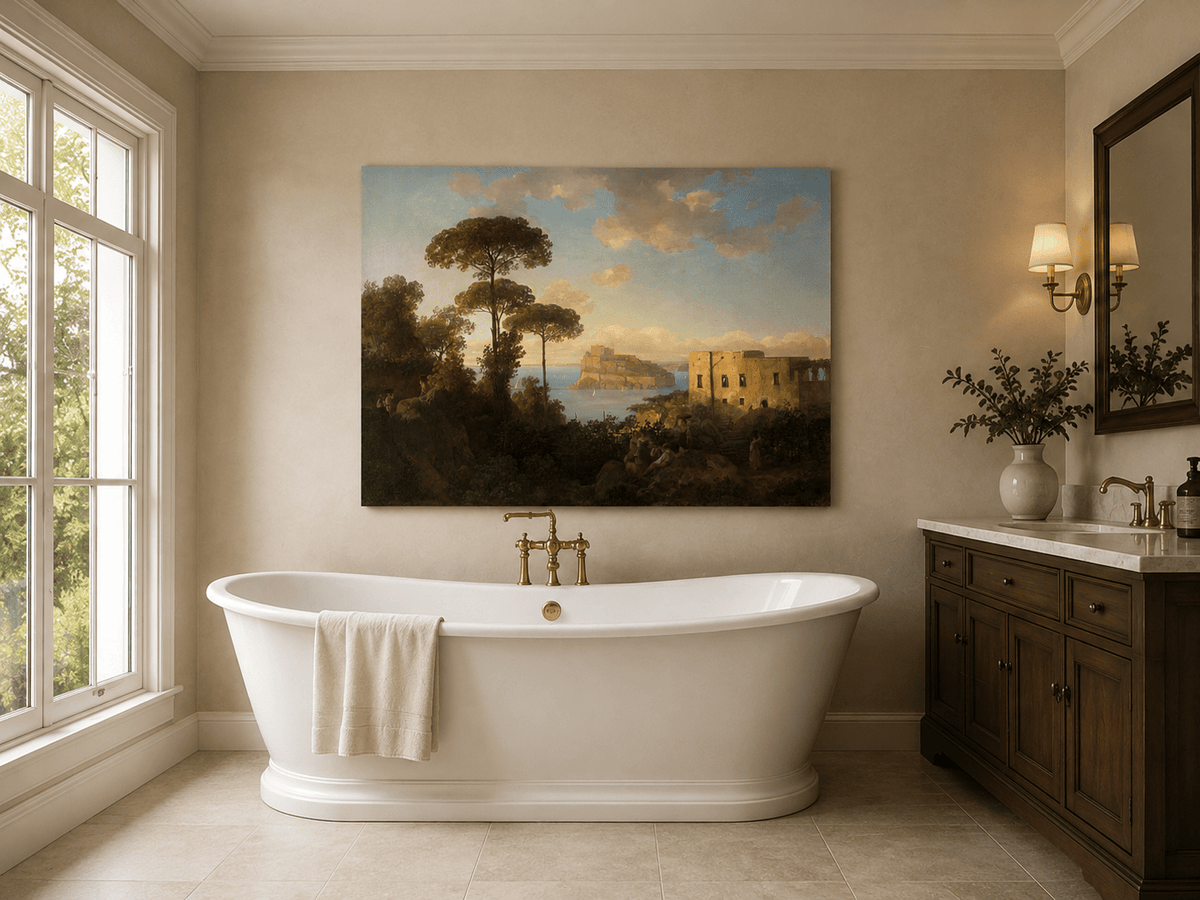 Landscape Oil Painting - Coastal Bay with Pines and Island Castle