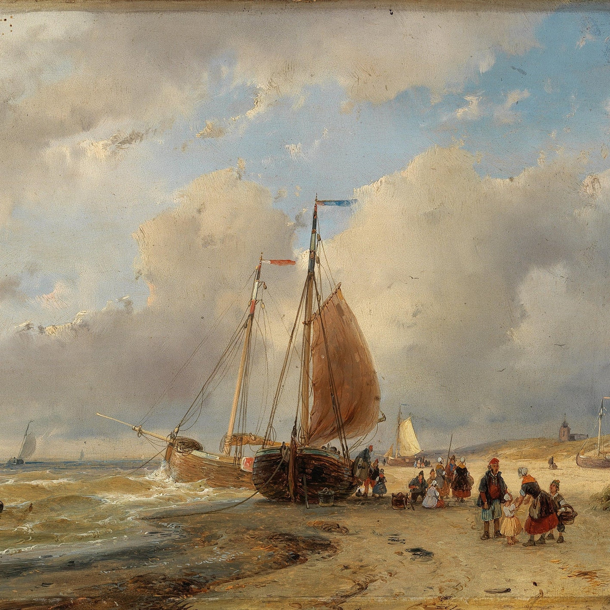 Hand-painted coastal boats and figures on the shore landscape oil painting on canvas