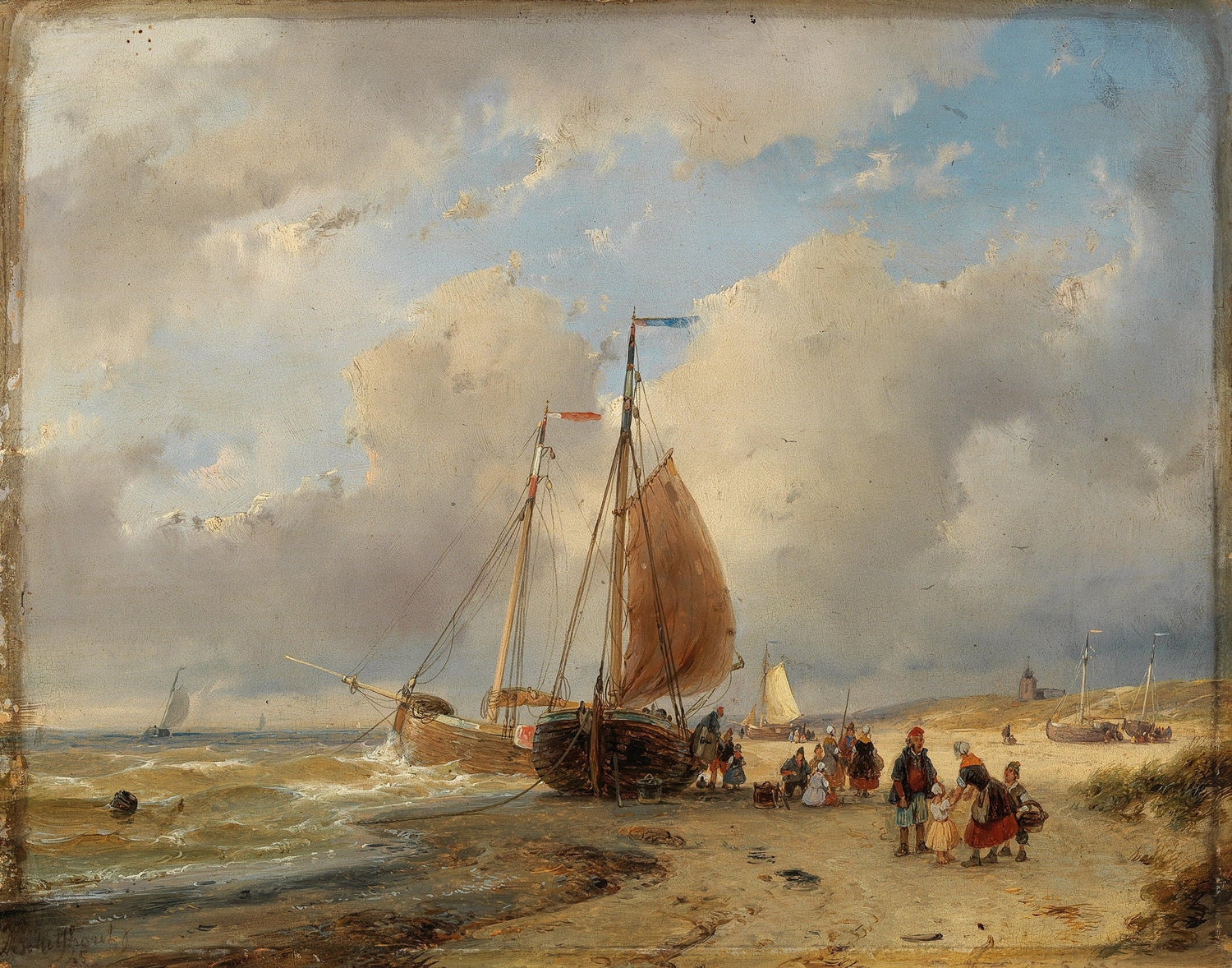 Hand-painted coastal boats and figures on the shore landscape oil painting on canvas
