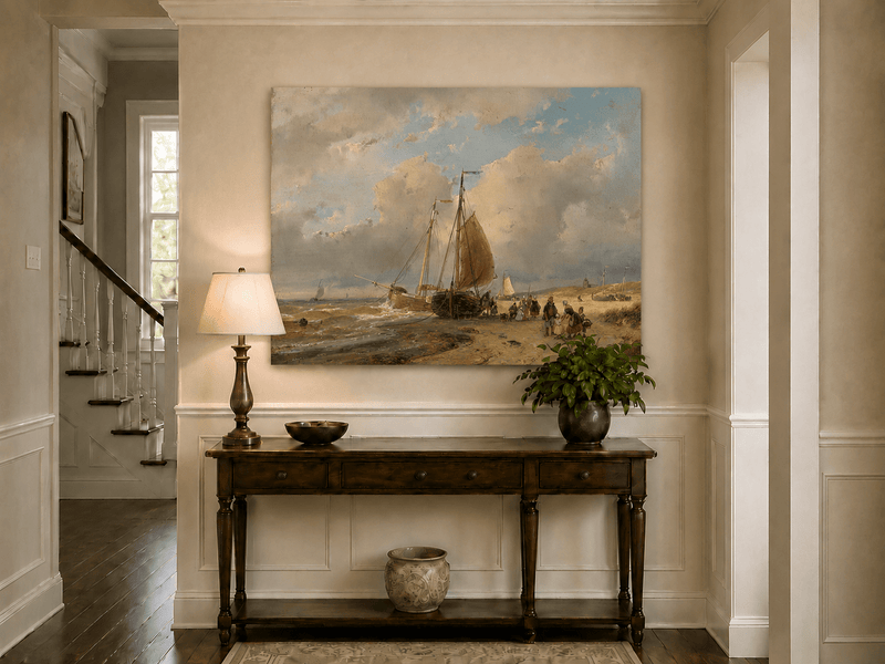 Landscape Oil Painting - Coastal Boats and Figures on the Shore