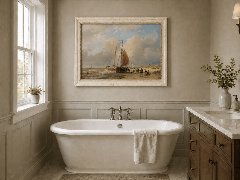 Landscape Oil Painting - Coastal Boats and Figures on the Shore