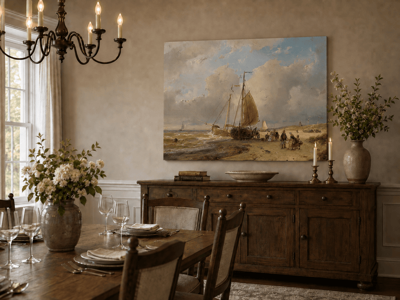 Landscape Oil Painting - Coastal Boats and Figures on the Shore