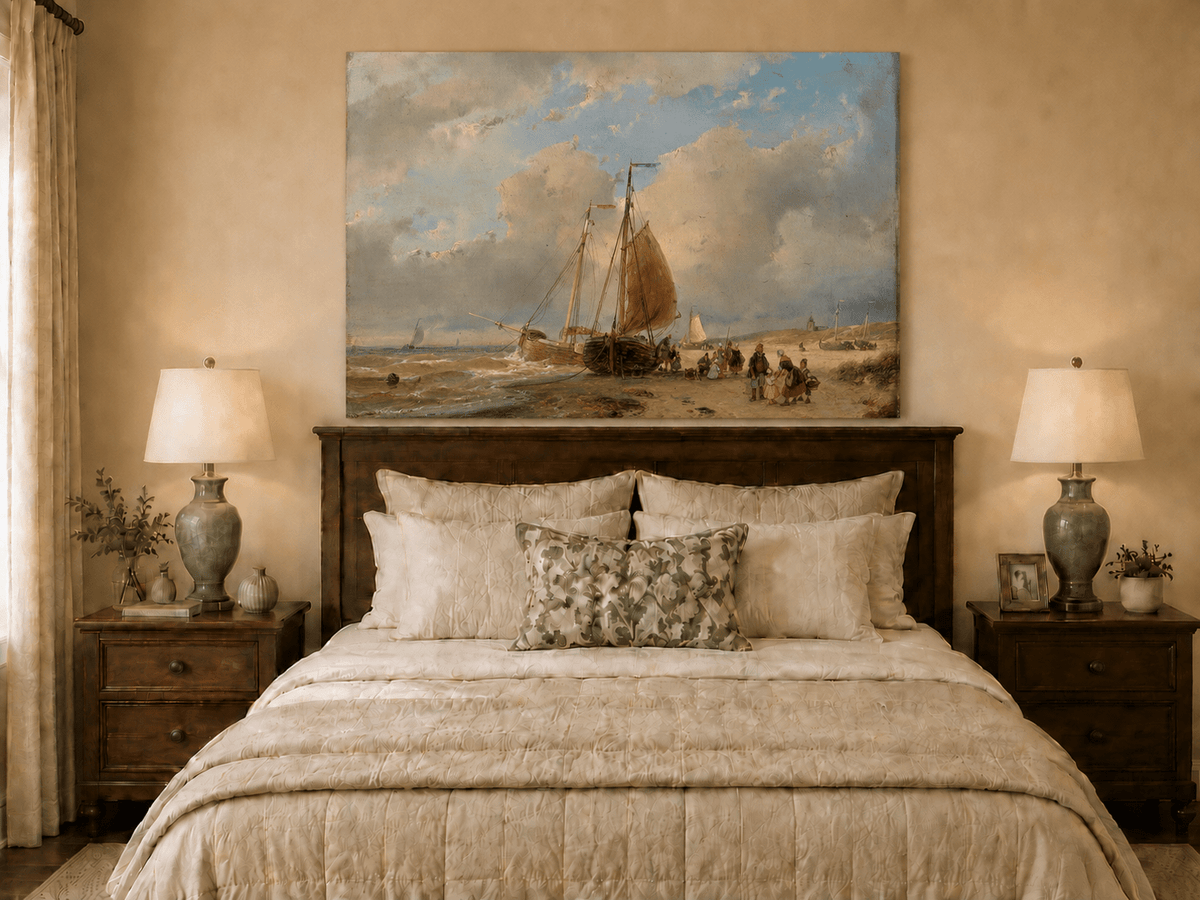 Landscape Oil Painting - Coastal Boats and Figures on the Shore