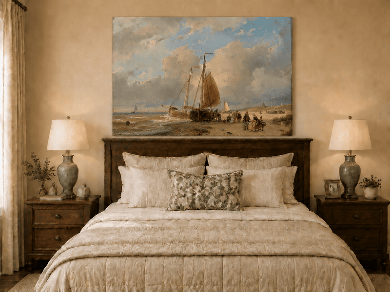 Landscape Oil Painting - Coastal Boats and Figures on the Shore