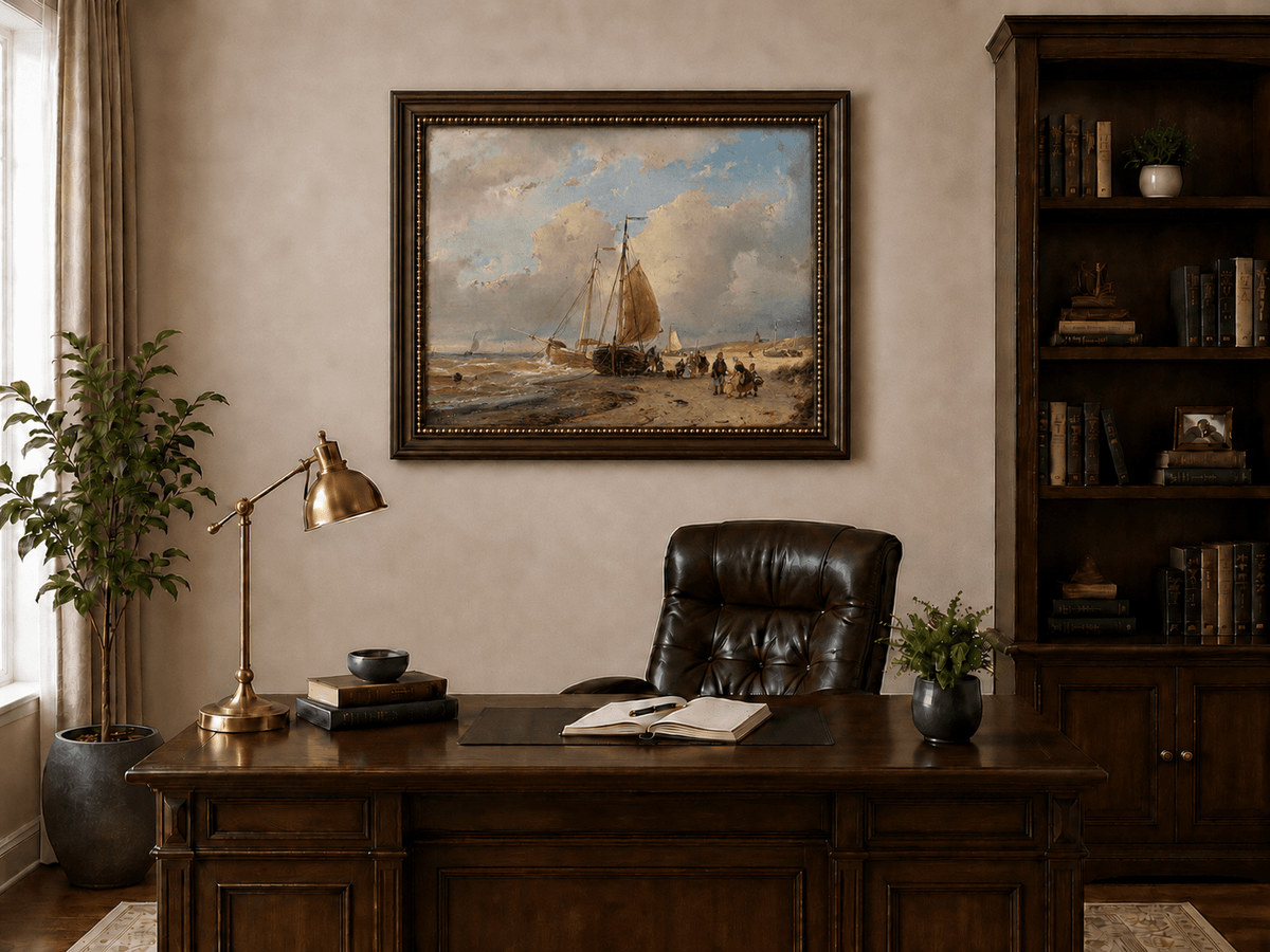 Landscape Oil Painting - Coastal Boats and Figures on the Shore