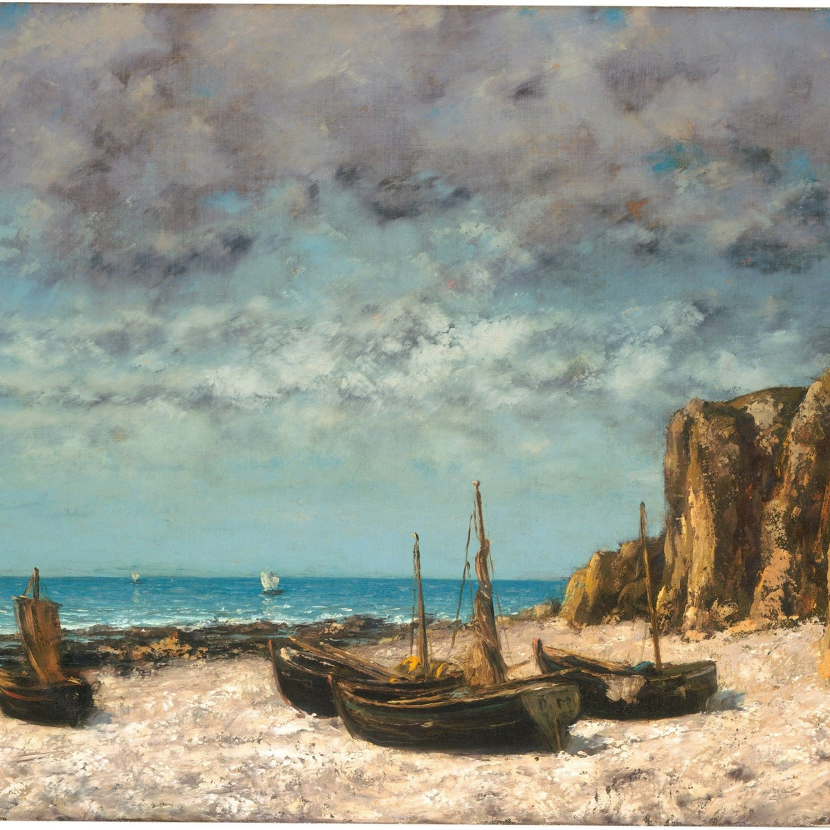 Landscape Oil Painting - Coastal Boats on Rocky Shore - Oil Painting Haven