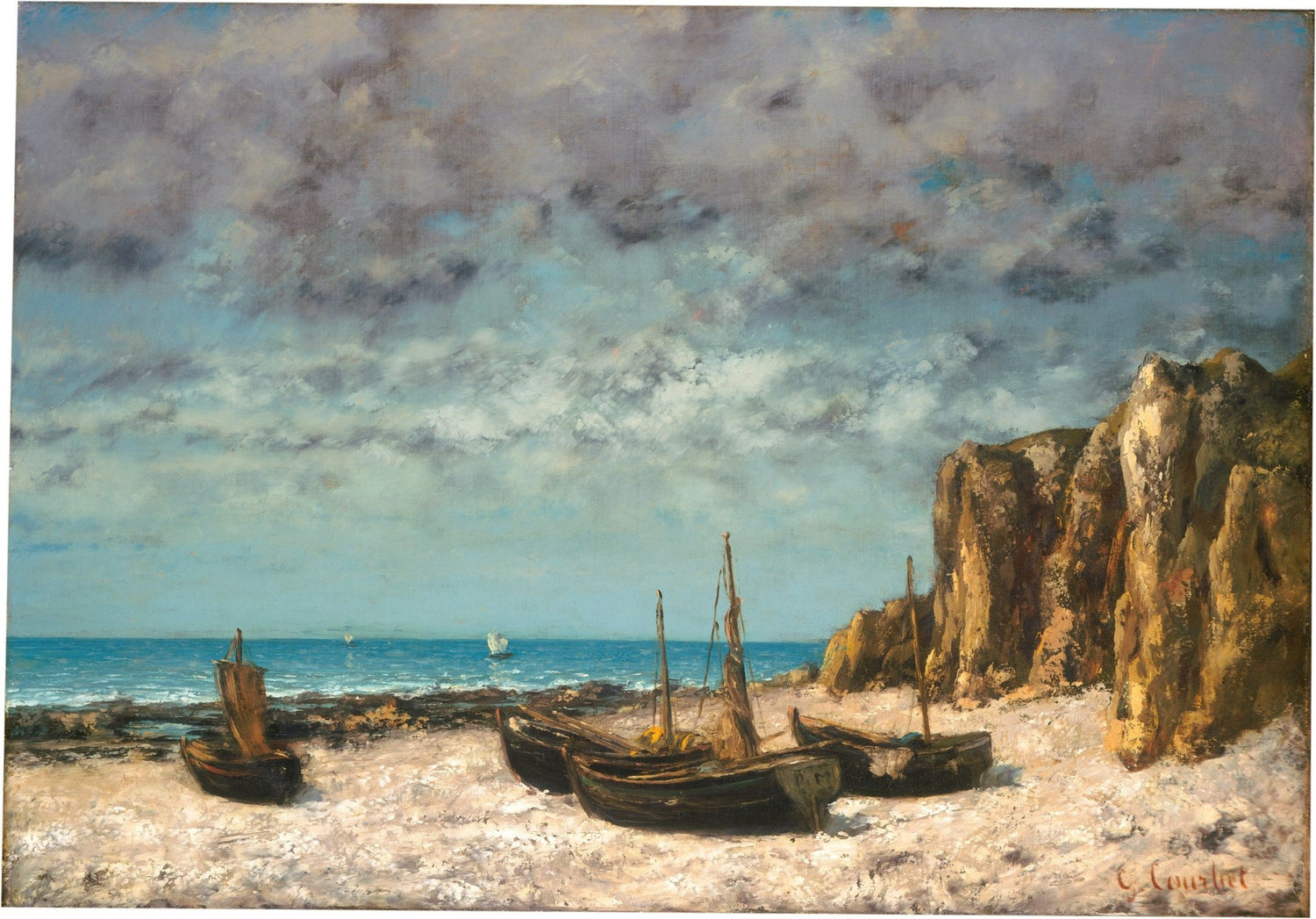 Hand painted landscape oil painting on canvas featuring coastal boats on rocky shore under textured cloudy sky with vivid. - Add Frame, Boat, Canvas, Coastal, Hand Painted, Landscape, Made To Order, Oil Painting, Seascape