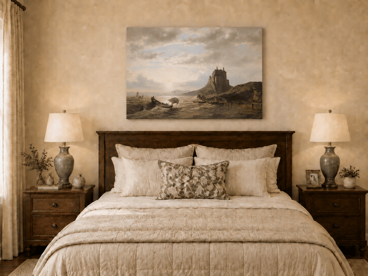 Landscape Oil Painting - Coastal Castle and Sailboats at Sunset
