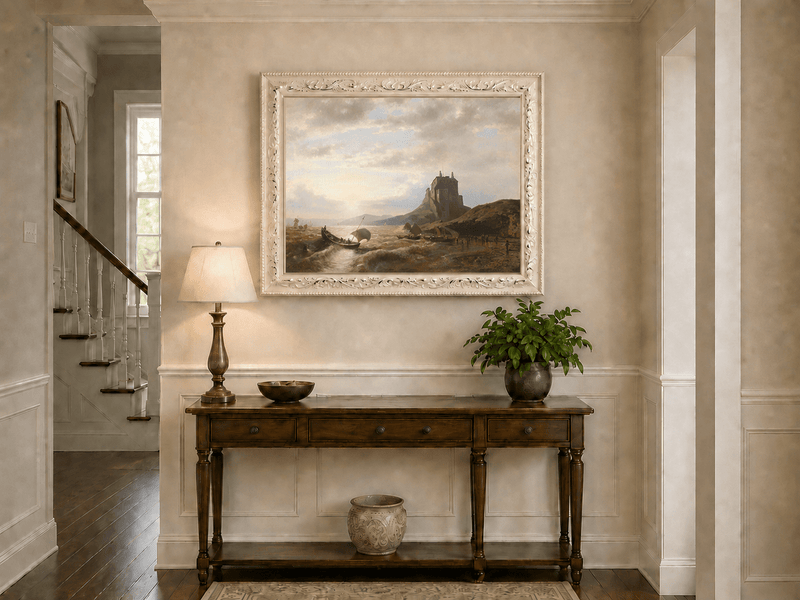 Landscape Oil Painting - Coastal Castle and Sailboats at Sunset