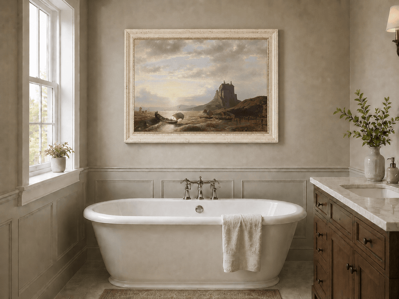 Landscape Oil Painting - Coastal Castle and Sailboats at Sunset