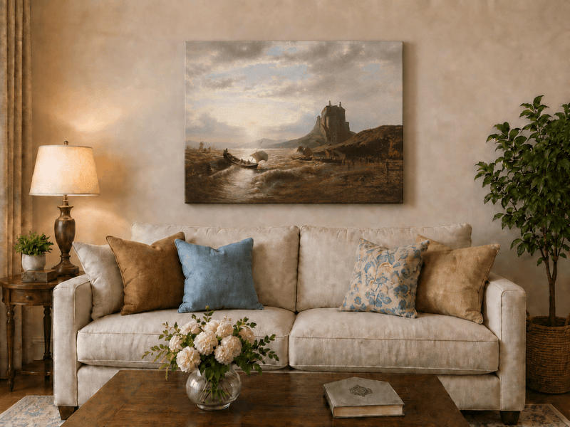 Landscape Oil Painting - Coastal Castle and Sailboats at Sunset