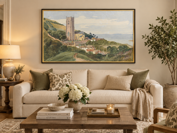Hand-painted Coastal Church and Village Hillside View landscape oil painting displayed as wall art in a styled interior