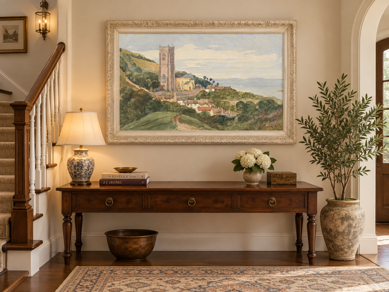 Hand-painted Coastal Church and Village Hillside View landscape oil painting displayed as wall art in a styled interior