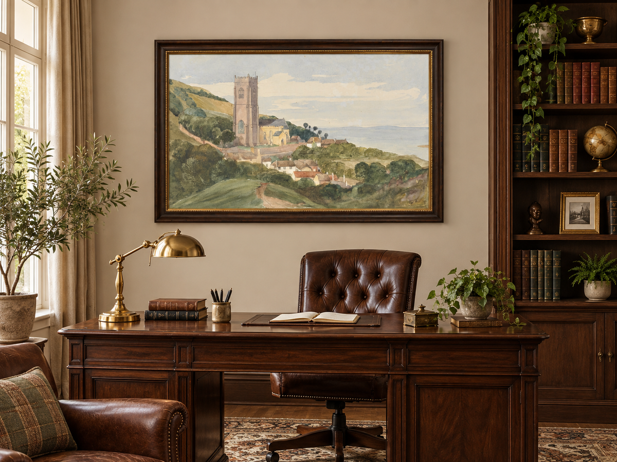 Hand-painted Coastal Church and Village Hillside View landscape oil painting displayed as wall art in a styled interior