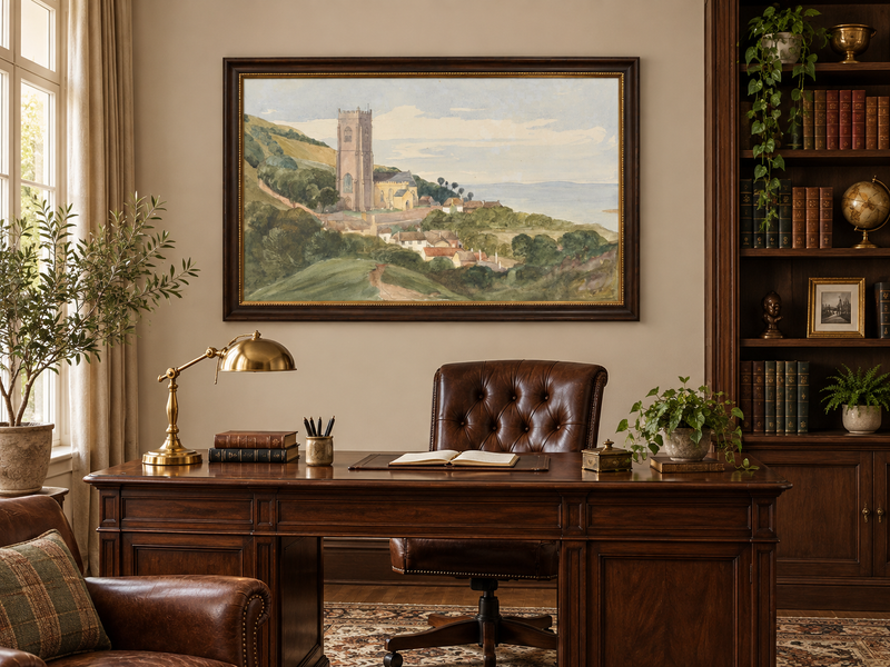 Hand-painted Coastal Church and Village Hillside View landscape oil painting displayed as wall art in a styled interior