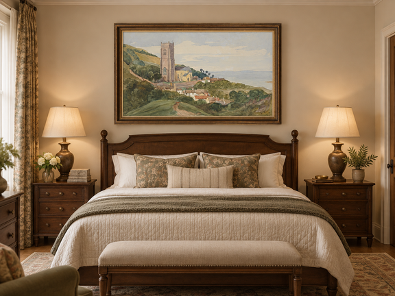 Hand-painted Coastal Church and Village Hillside View landscape oil painting displayed as wall art in a styled interior