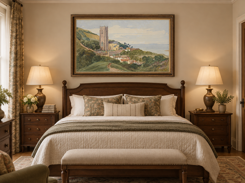 Hand-painted Coastal Church and Village Hillside View landscape oil painting displayed as wall art in a styled interior