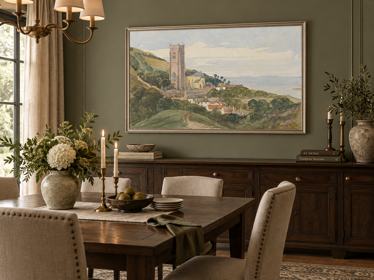 Hand-painted Coastal Church and Village Hillside View landscape oil painting displayed as wall art in a styled interior