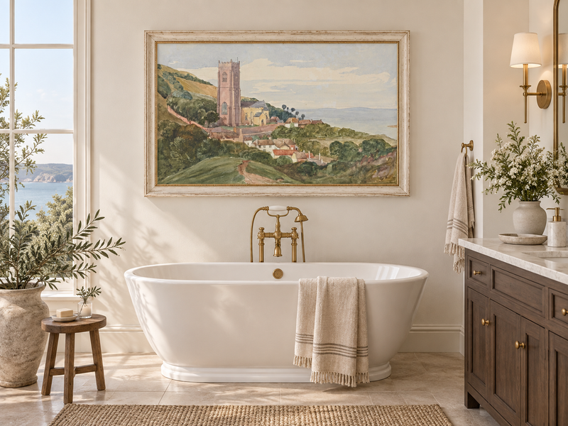 Hand-painted Coastal Church and Village Hillside View landscape oil painting displayed as wall art in a styled interior