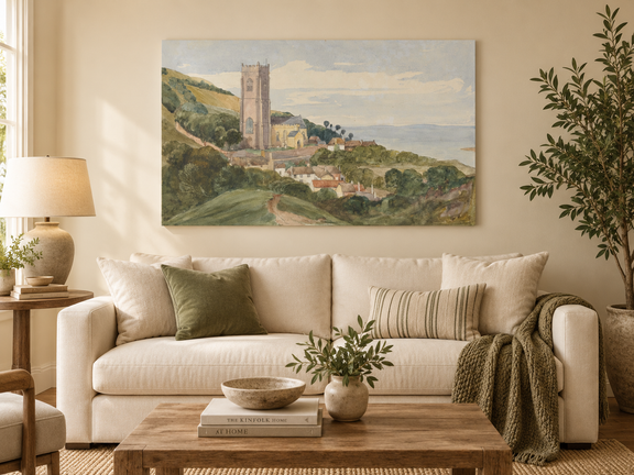 Hand-painted Coastal Church and Village Hillside View landscape oil painting displayed as wall art in a styled interior
