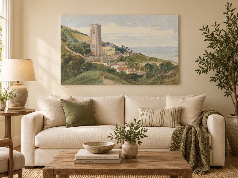 Hand-painted Coastal Church and Village Hillside View landscape oil painting displayed as wall art in a styled interior