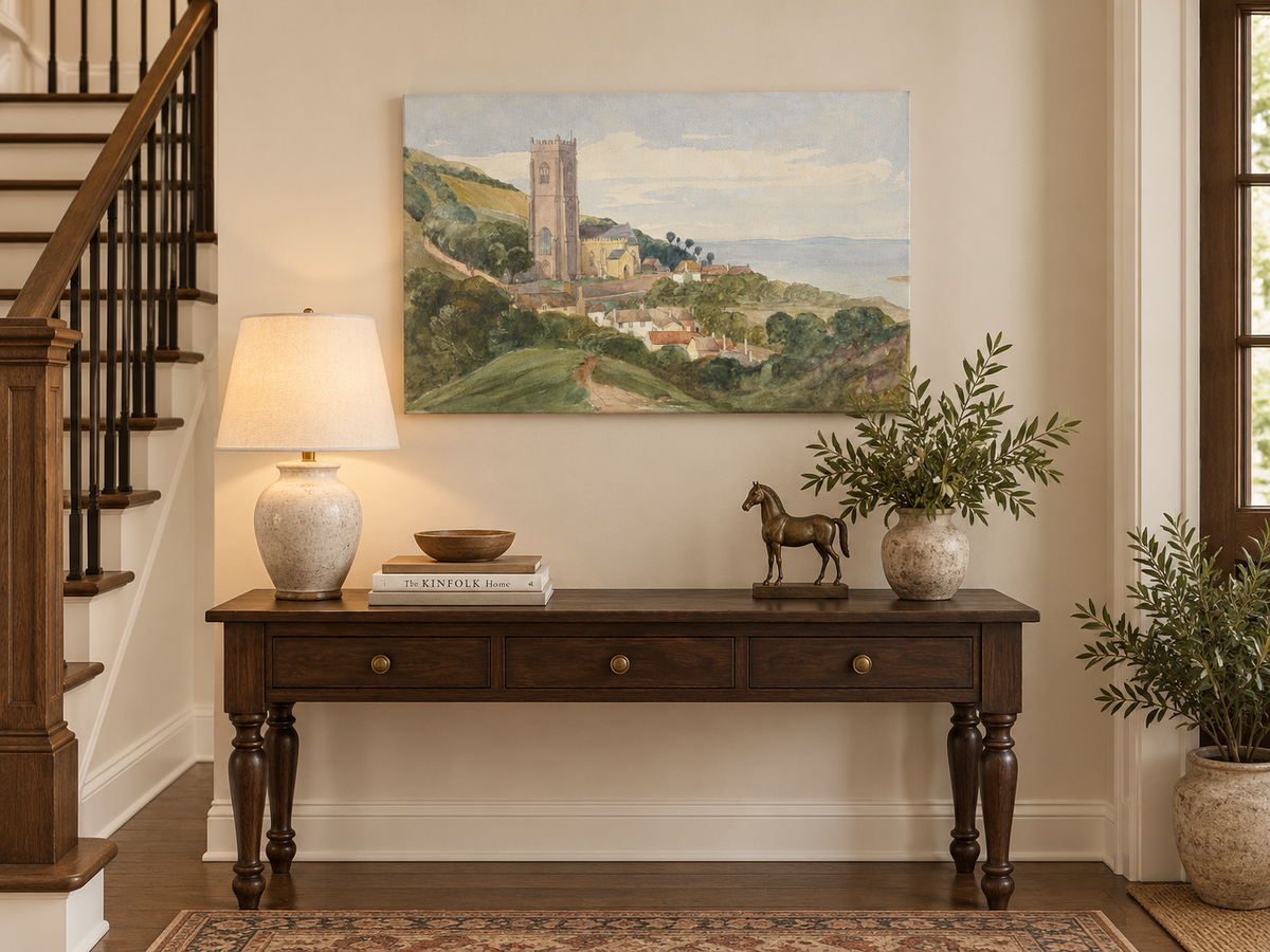 Hand-painted Coastal Church and Village Hillside View landscape oil painting displayed as wall art in a styled interior