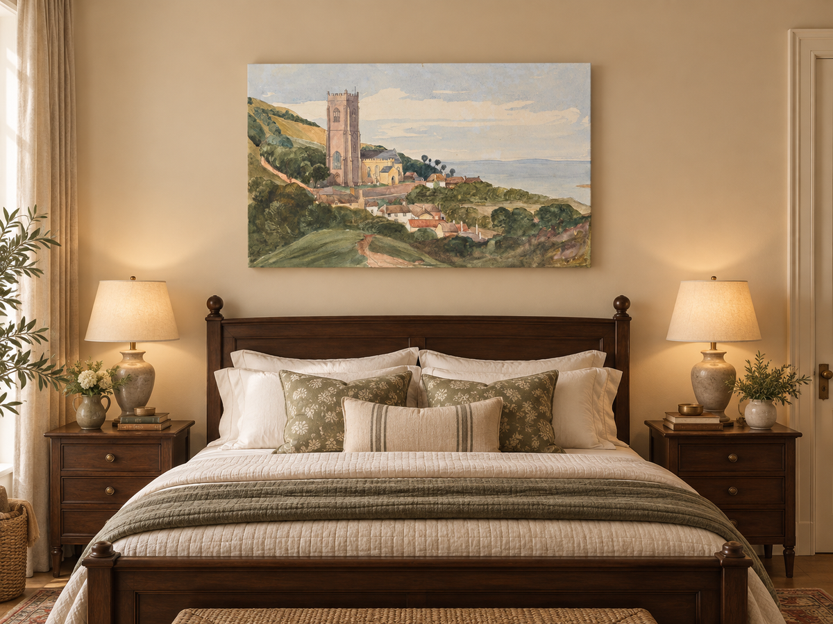 Hand-painted Coastal Church and Village Hillside View landscape oil painting displayed as wall art in a styled interior
