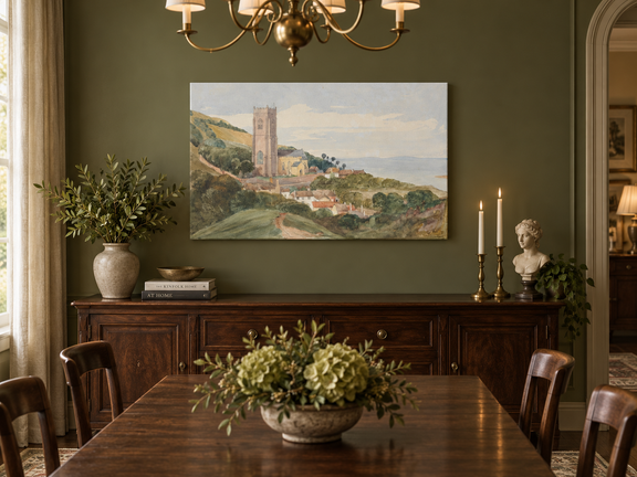 Hand-painted Coastal Church and Village Hillside View landscape oil painting displayed as wall art in a styled interior
