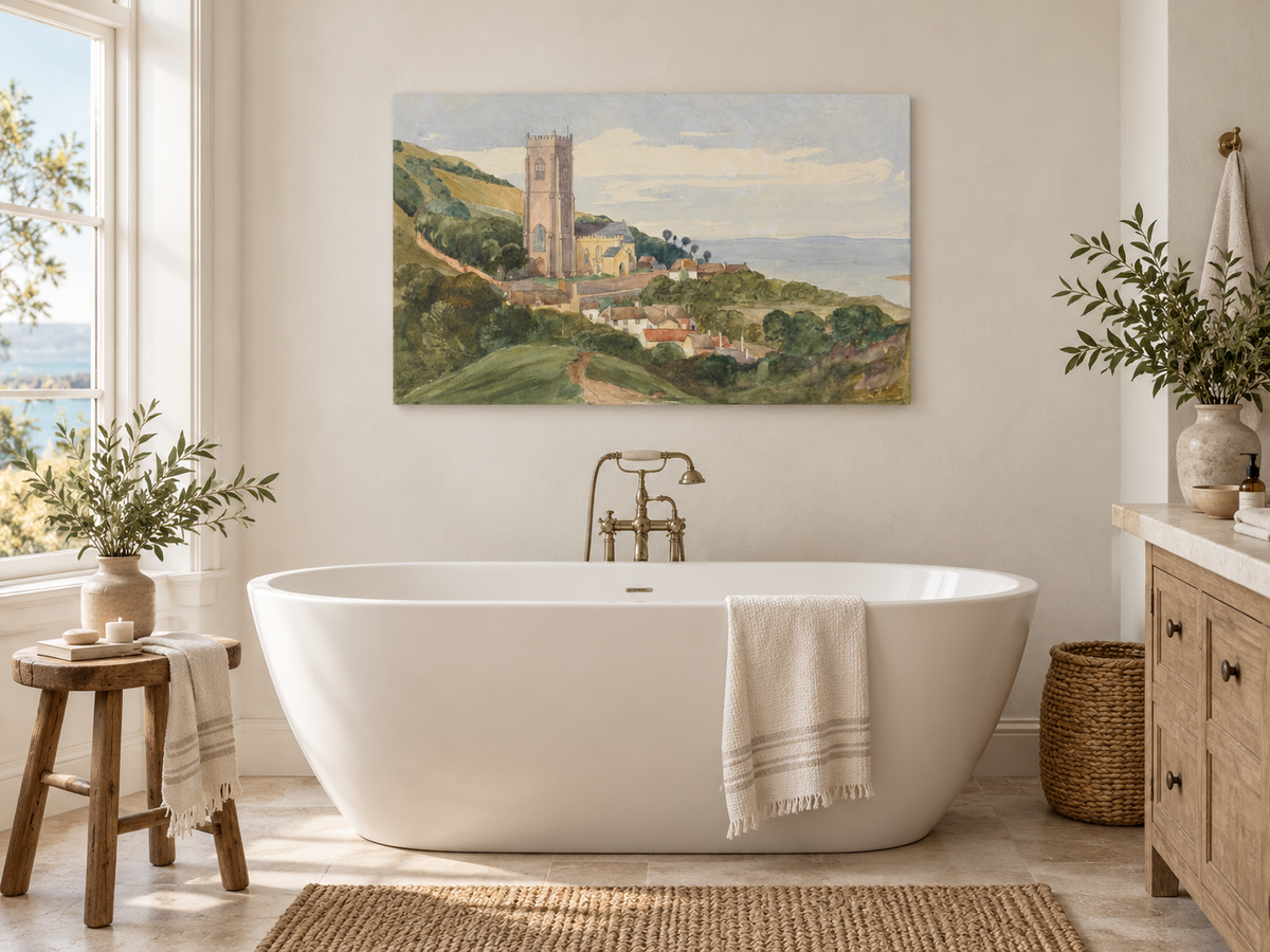 Hand-painted Coastal Church and Village Hillside View landscape oil painting displayed as wall art in a styled interior